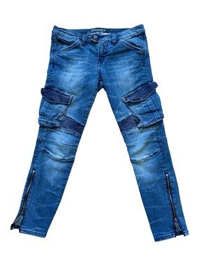 Parasuco Biker Moto Cargo women Jeans Blue Motorcycle Denim Zip Ankle Studs 30